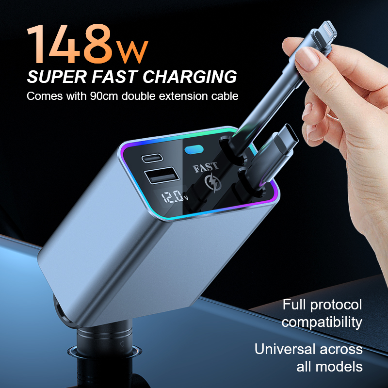 Super Fast Charging Car Phone Conversion Plug with Retractable Cable - Dual USB Ports