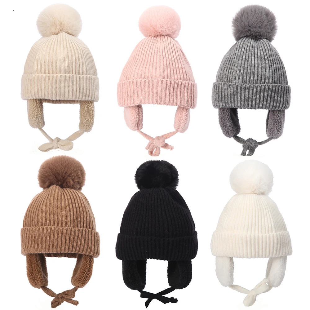 Fur Ball Baby Winter Hat with Earflap Skiing Infant Bonnet Plush Lining Knitted Kids Beanie Children Cap Accessories 26Y 241225