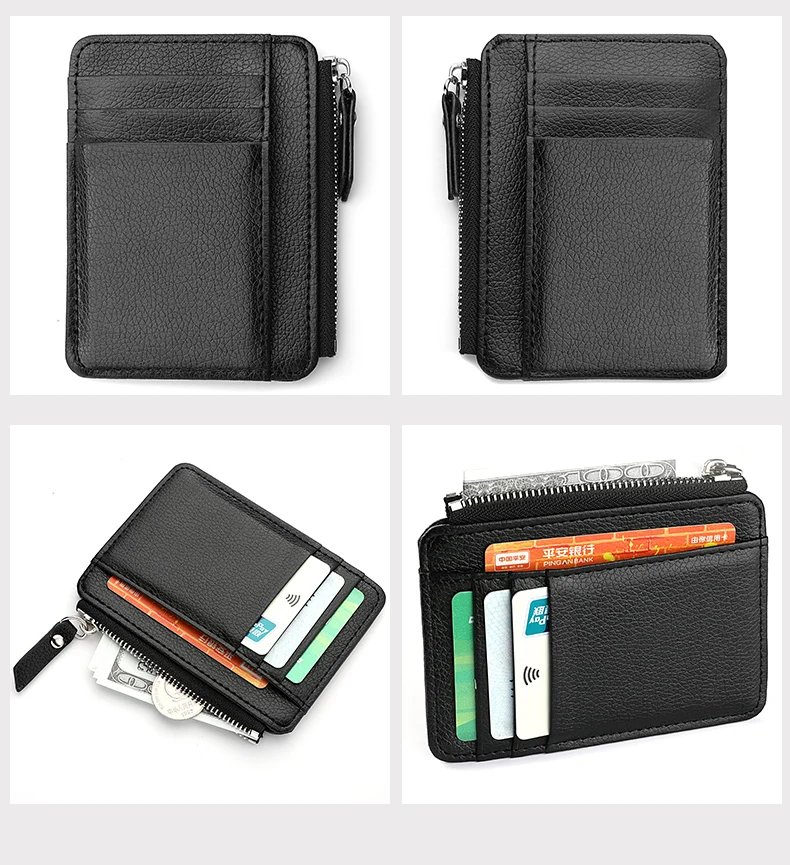 Slim 2024 Credit Card Wallet for hot Men - Minimalist ID Holder, Zipper Coin Pocket, Thin Leather Sleeve