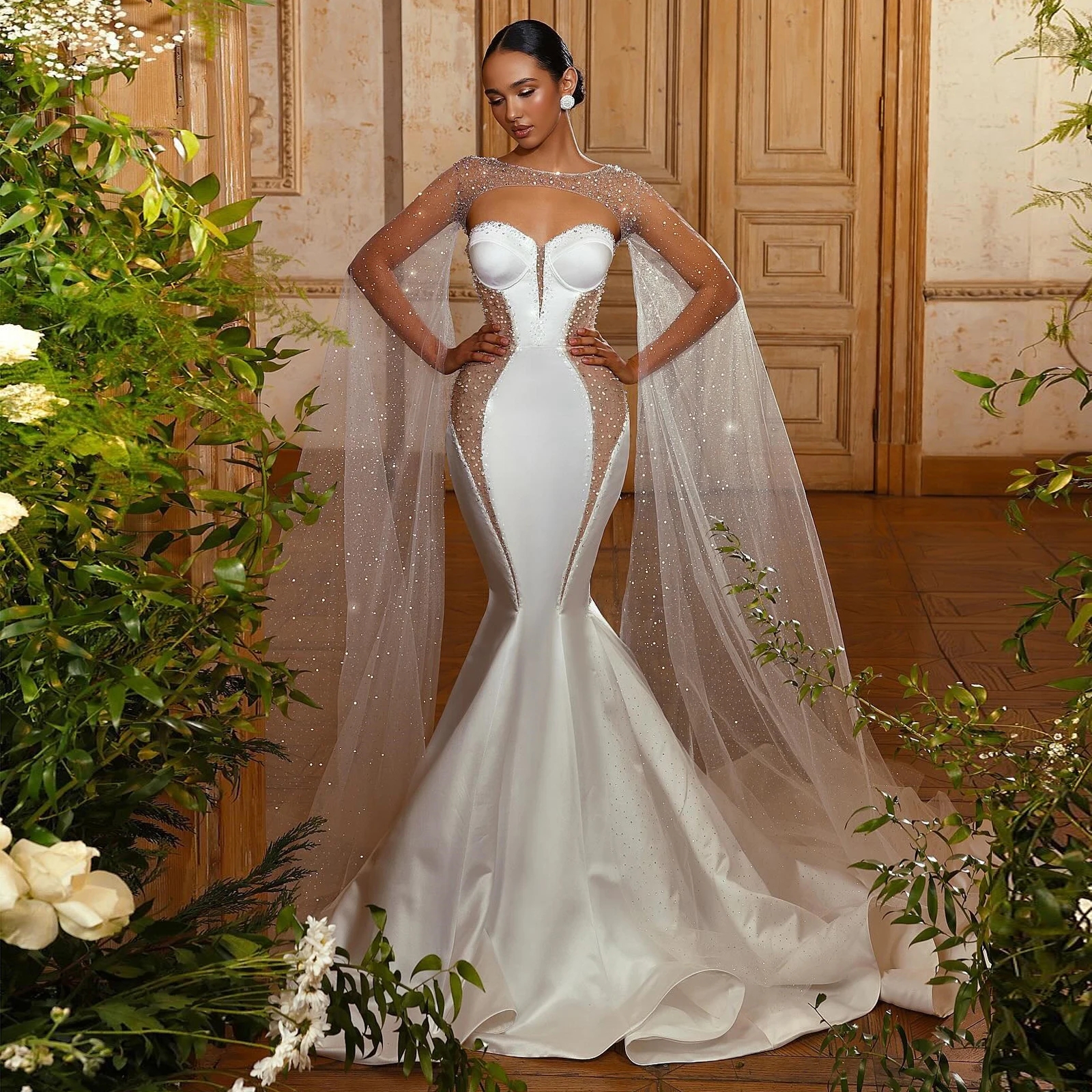 Wedding Mermaid Dresses With Detachable Cape Shawls Sweetheart Beaded Crystal Cut Out Bridal Bride Gown African Vestidos De Noiva