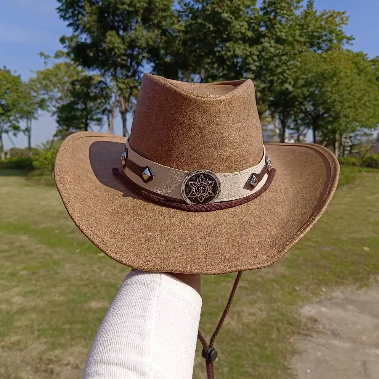 Western cowboy leather hat mens gentleman godfather hat PU material Panama cowboy hat jazz hat cowboy hat W241225