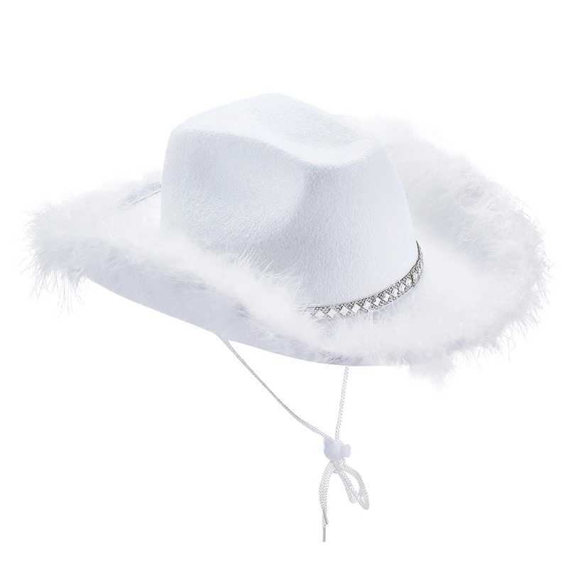CocMouse Womens Cowboy Hat Fluffy Feather Decoration Wide Brim Flat Top Disco Cowboy Hat Western Club Party Costume Props W241225