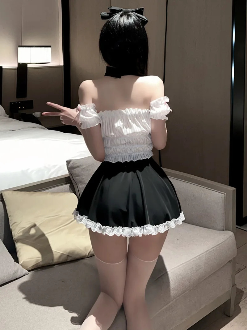 White Mini JK Dress RUFFLES Slash Neck Lingerie Sweet Cute Servant Princess Uniform Dress Elegant Sweet Sexy Women Tops U3BO 241226
