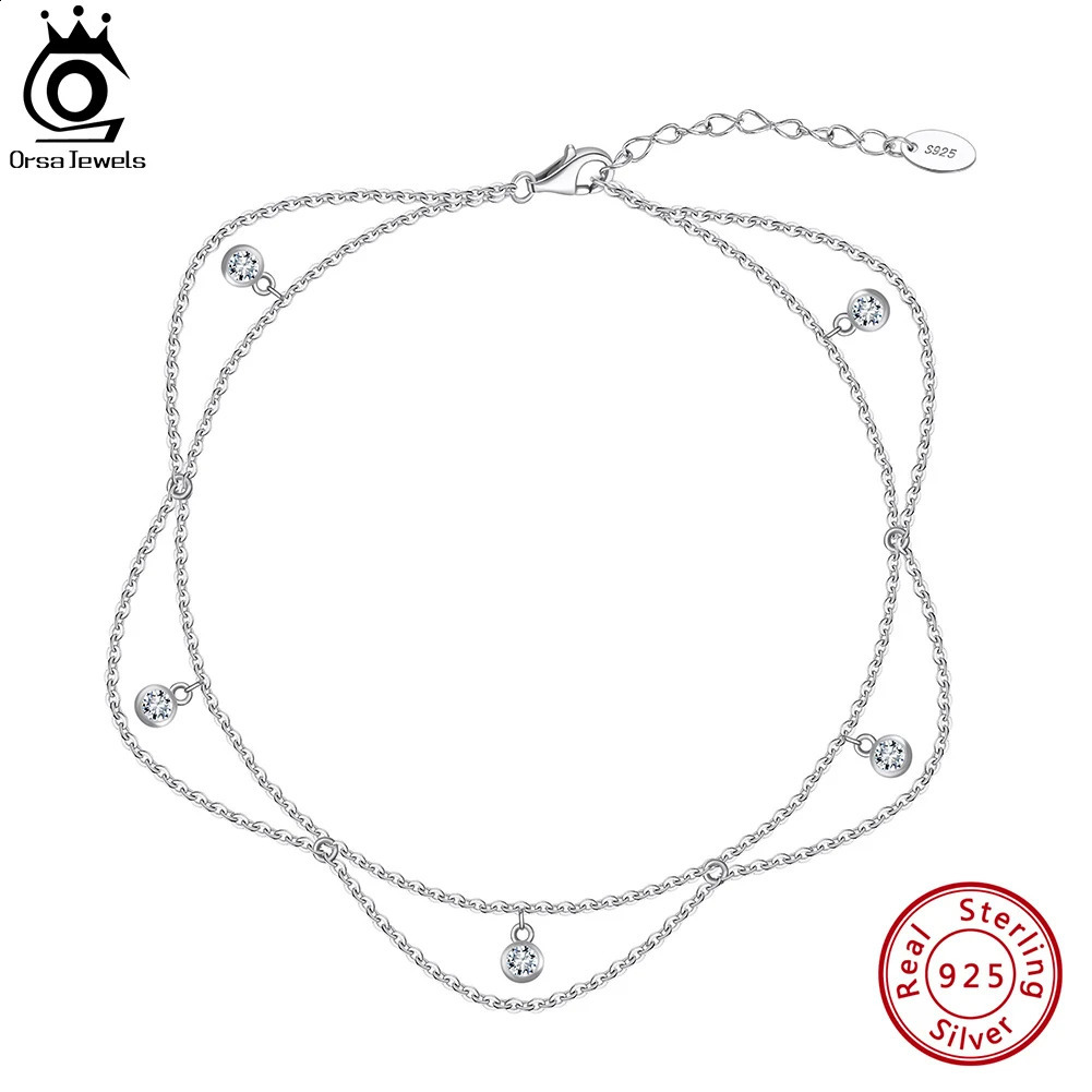 ORSA JEWELS 925 Sterling Silver Bohemia Zirconia Pendants Anklets Foot Jewelry Clear CZ Charm Rhinestone Bracelet on Leg SA72 241226