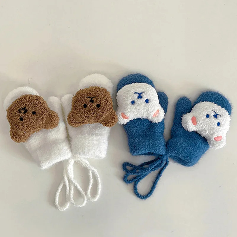 Cartoon Bear Baby Mittens Winter Warm Kids Girl Gloves Knitted Children Toddler Thick Teething Mitten Handschoen 14Y 241225