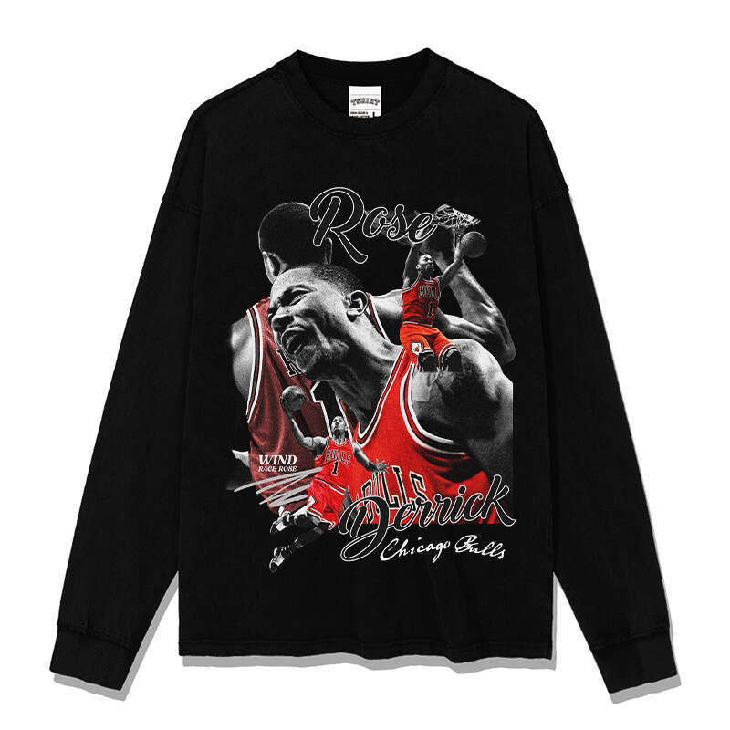 Ross print American high street basketball long short sleeved washed distressed round neck hooded sweatshirt