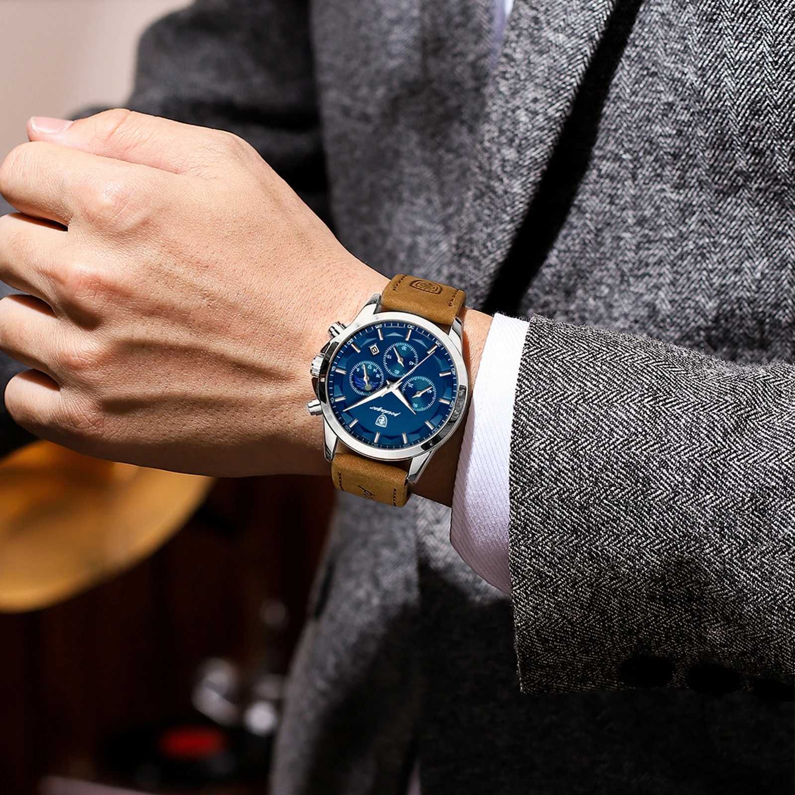 New Arrival POEDAGAR Casual Mens Watches Trend Fashion Quartz Watch for Man Waterpoof Leather Strap Luminous Date Chronograph New Z241226