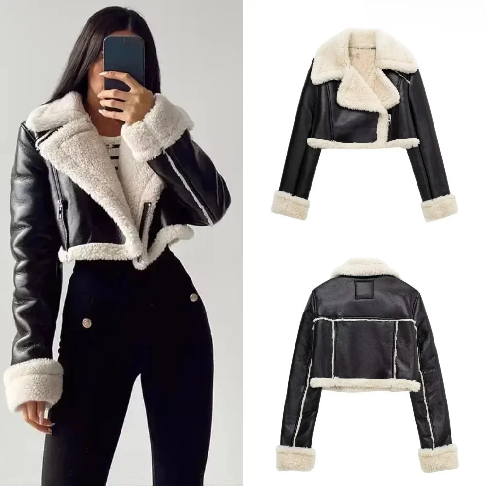 Womens Cropped Leather Jacket Coat Black Wool Blends Coats Bomber Tweed Autumn Winter and Fur Crop 241225