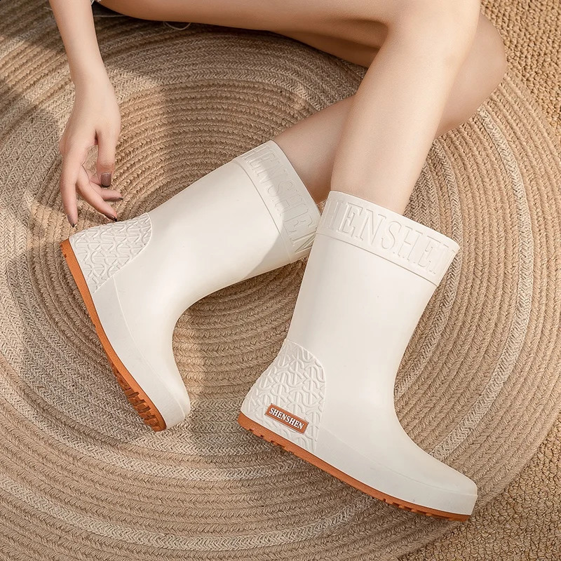 Rain Boots Ladies Adult Fashion Mid-Calf Waterproof Non-Slip WearResistant Working Water-Proof Shoes Winter Cotton plus Warm 241226