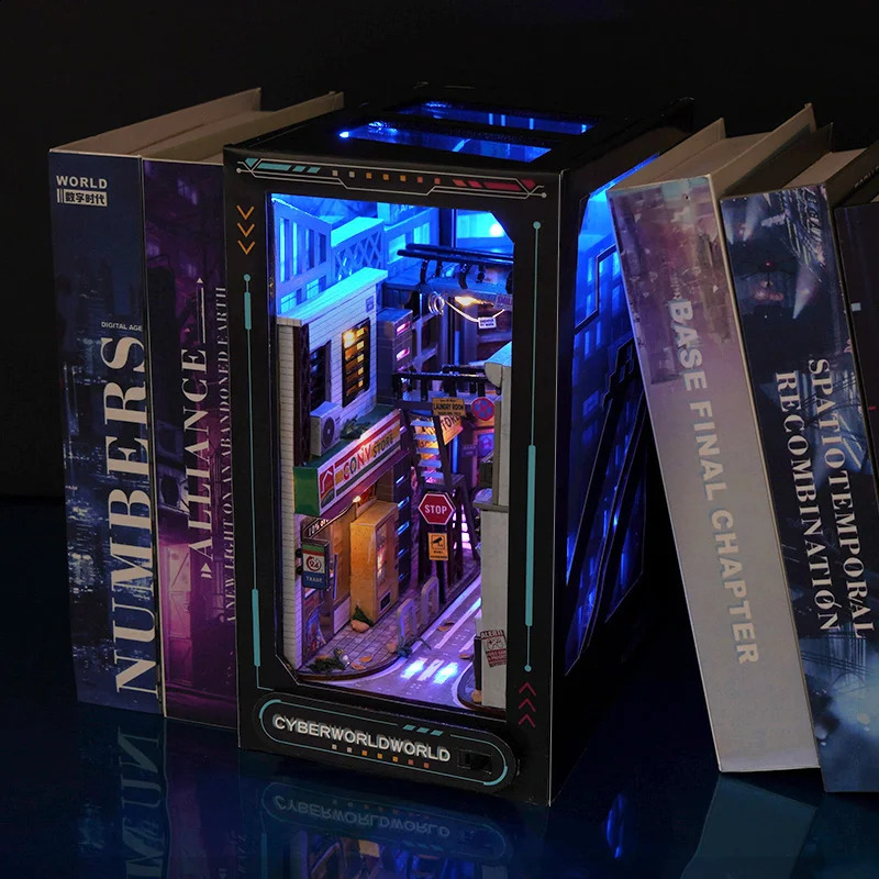 DIY Wooden Book Nook Shelf Insert Miniature Building Kits Cyberrpunk World Bookshelf Assembly Bookend for Adults Birthday Gifts 241225