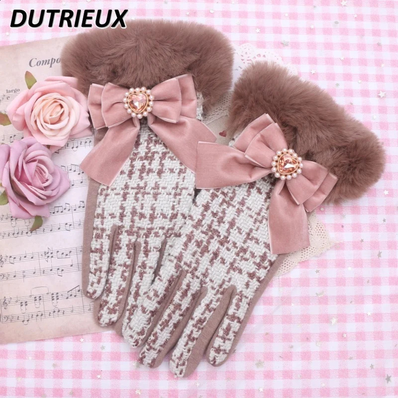 Sweet Lady Elegant Sweet Cute Velvet Bow Decoration Girls Finger Gloves Female Autumn Winter Womens Accessories 241226