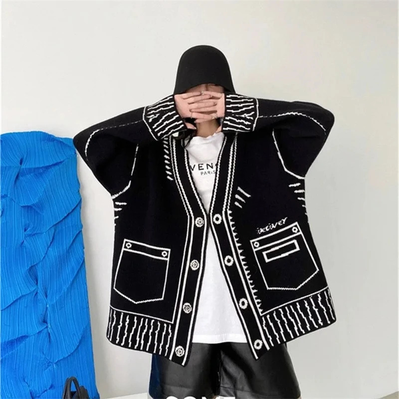 Print Graffiti Cardigan Women Long Sleeve Top Y2K Loose Vneck Sweater Autumn Winter Streetwear Knitted Female Cardigans Coat 241225