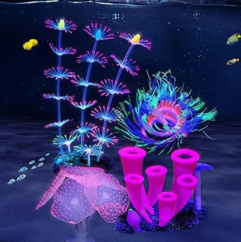 4 Pieces Aquarium Fish Tank Decorations with Glowing Effect Silicone Glow Artificial Ornament Coral Reef Plants Accessories 241225