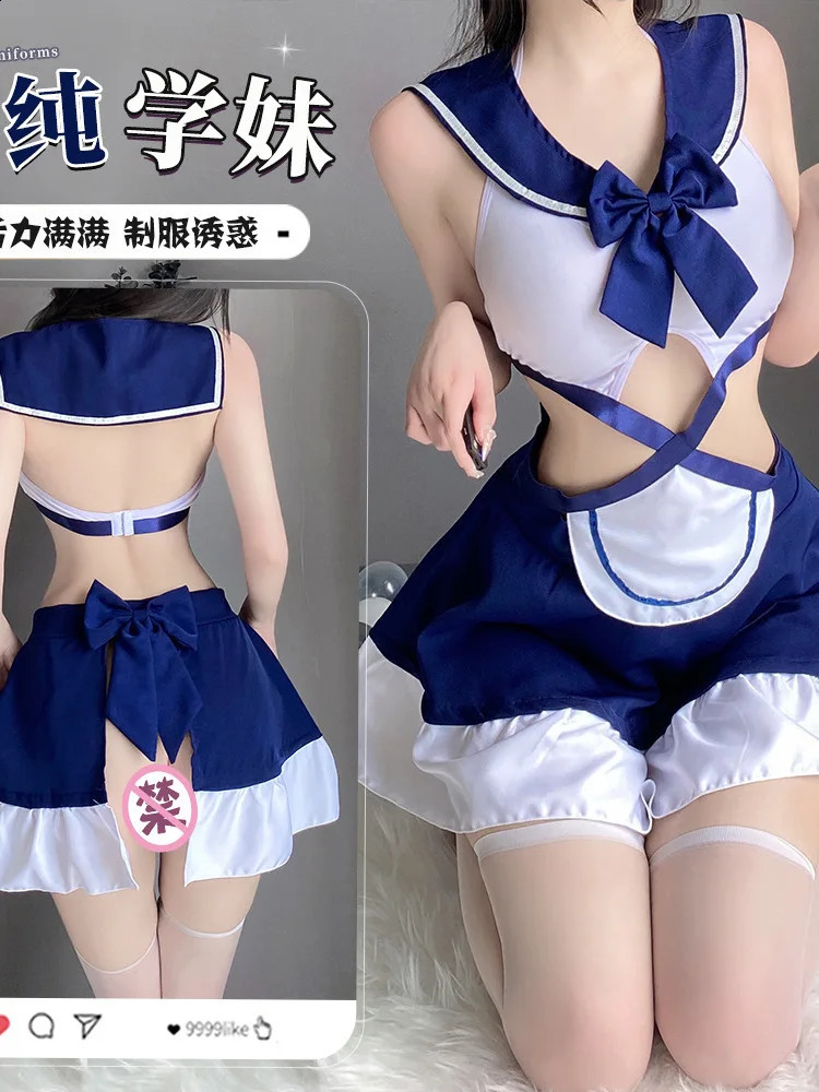 Sexy Girl JK College Style Dress Elegant Sailor Collar Bow Waist Hollow Color Blocking Lotus Leaf Edge Sweet Dresses NHAG 241226