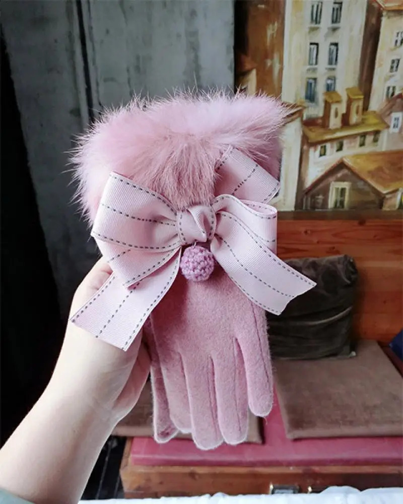 Cashmere Gloves Wool Piece Jump Point Bowknot Hair Ball Fashion Gloves Korean Touch Screen Five Finger Warm 241226
