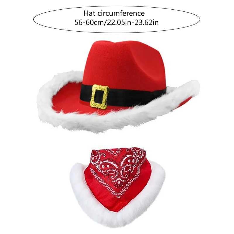 Fashion Scarf Cowboy Hat Bandana Set Christmas Party Photo Props Santa Claus Hat with Beautiful White Brim W241225
