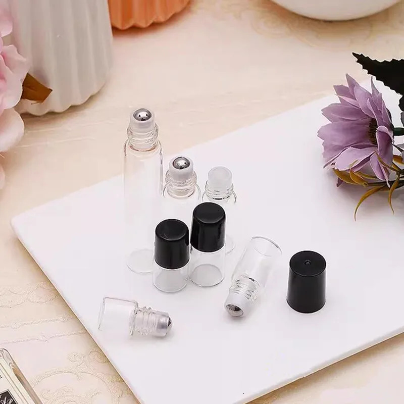 20/50pcs 1ml 2ml 3ml 5ml 10ml Transparent Glass Perfume Roller Bottles Clear Essential Oil Vials with Stainless Steel Roll On 241225