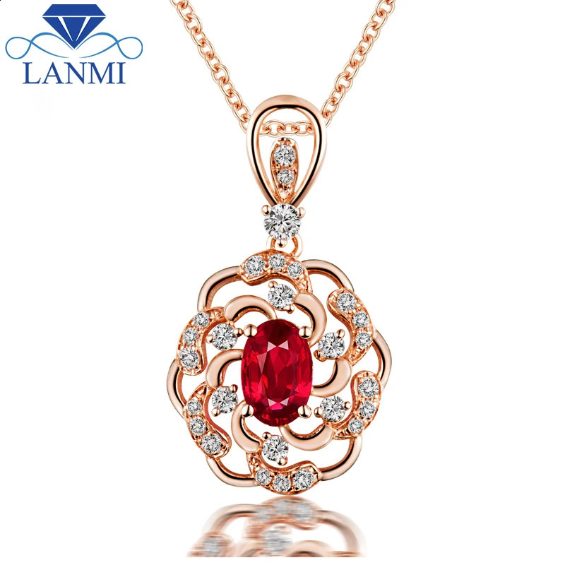 LANMI Real 14K Rose Gold Red Ruby Pendant Necklace Natural Diamond Jewels for Women Party Fine Jewelry 241226