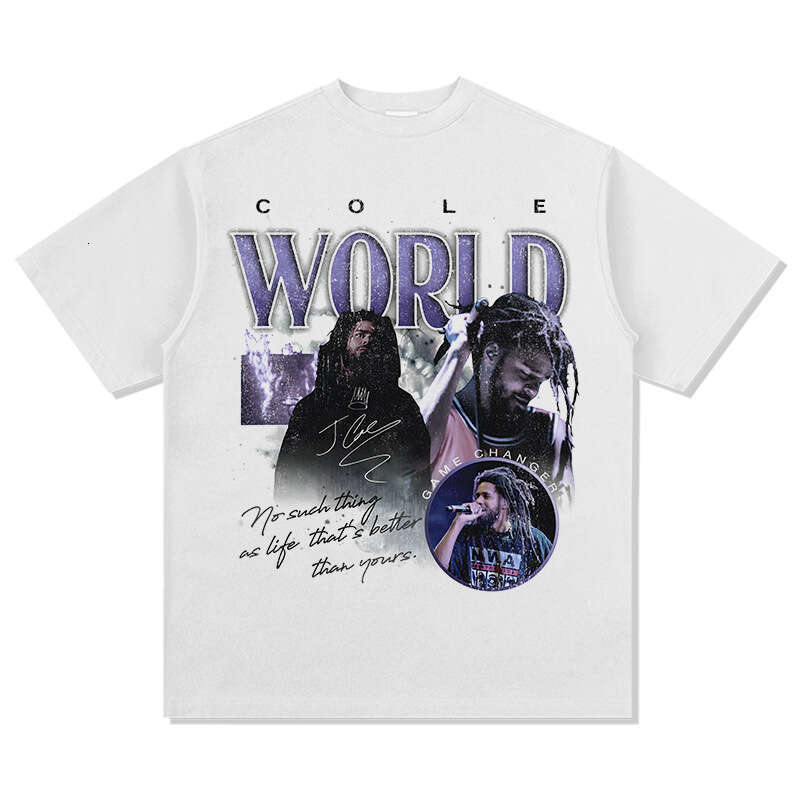 Hip hop J Cole printed short sleeved T-shirt Vintage washed pure cotton round neck hooded sweatshirt