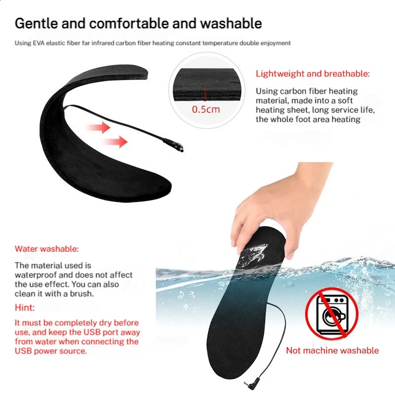 USB Rechargeable Heated Insoles 35-46 Electric Heated Shoe Insoles Feet Heater Winter Warmer Camping Hiking Skiing Accessories 241226