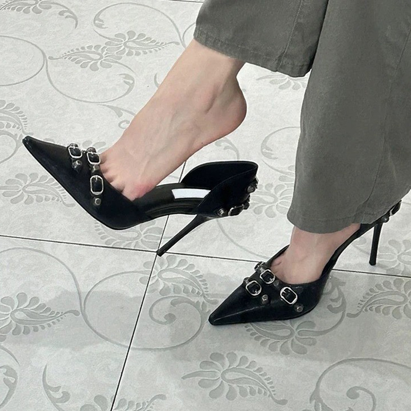 Black Punk Gothic High Heels Pumps For Women 2024 Spring Y2k Metal Decor Thin Heeled Woman Pointed Toe Sier Party Shoes