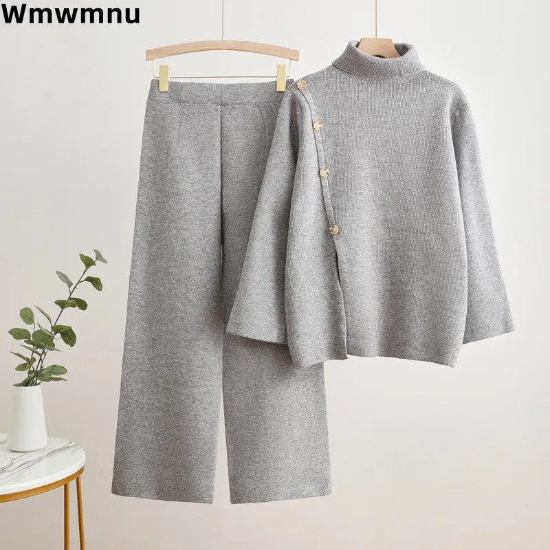 Warm Soft Knited 2 Piece Sets Fall Winter Button n Sweater Tops Conjunto Casual High Waist Baggy Wide Leg Pants Ensemble 241220