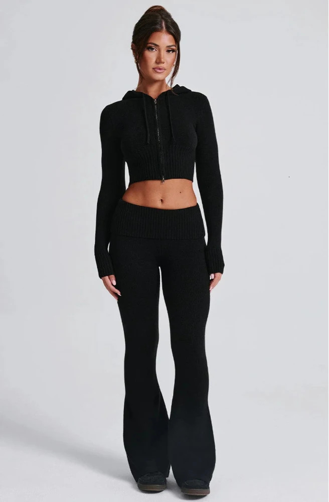 Fitted Knit Hooded Zip Jacket and Flared Pants Set Outfit Women Autumn Loungewear Sexy Elegant Pink 2 Two Piece Lounge Sets 241225