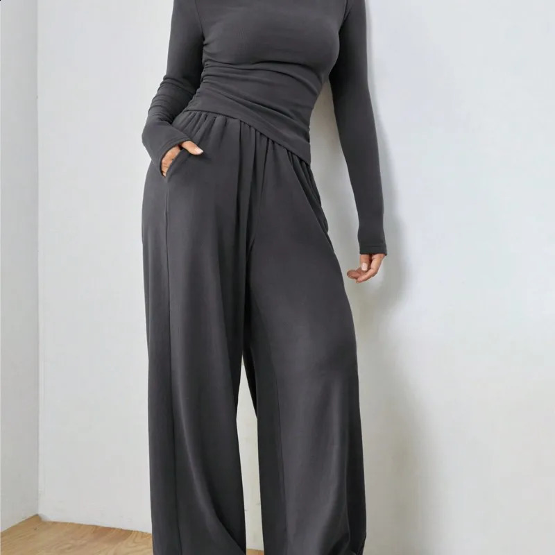 Womens Suit Solid Color Long Sleeve Casual Wide Leg Pants Fashion Two Piece Suit Home Clothing 241224