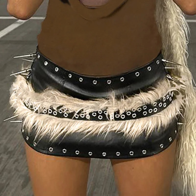 Punk Faux Fur Belt Y2K Metal Studded PU Leather Plush Waist Chain Faux Fur Belts Furry Sexy Vintage Waistband Hiphop Jeans Belt 241226