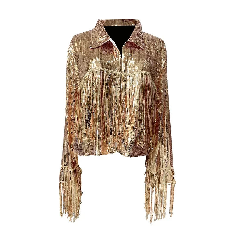 Sequined Tassel Cardigan Short Jacket Women Nightclub Bar Outerwear Stage Costume Ladies Coat Performance Jackets Woman Clothes 241223