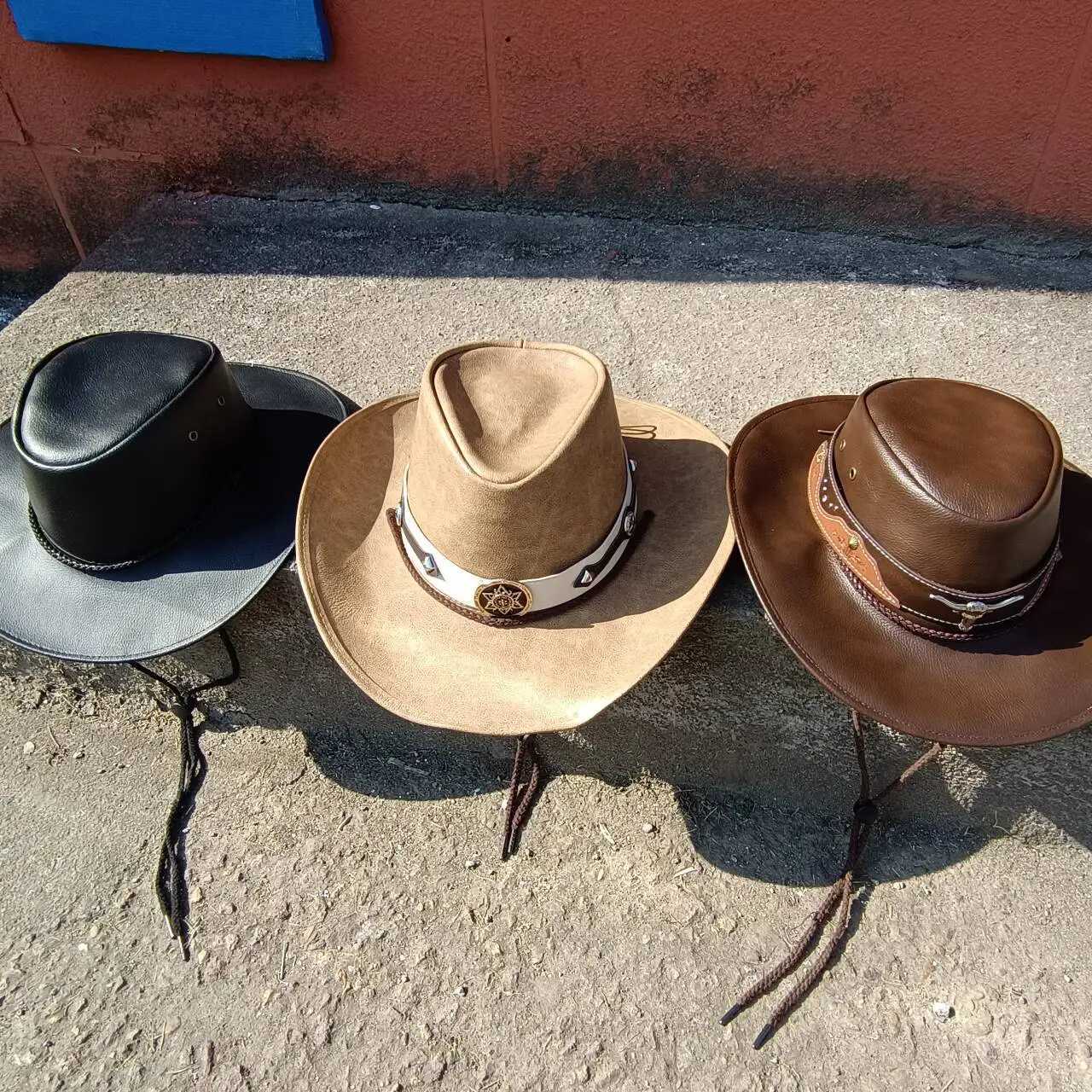 Western cowboy leather hat mens gentleman godfather hat PU material Panama cowboy hat jazz hat cowboy hat W241225