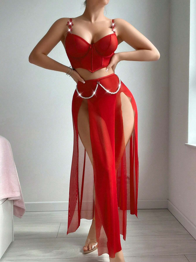 Women's Sleepwear 3 Pieces Lingerie Set V Neck Spaghetti Strap Bustier Corset Top and Pearl Chain Decor Sexy Slit Dress Babydolls with Panties