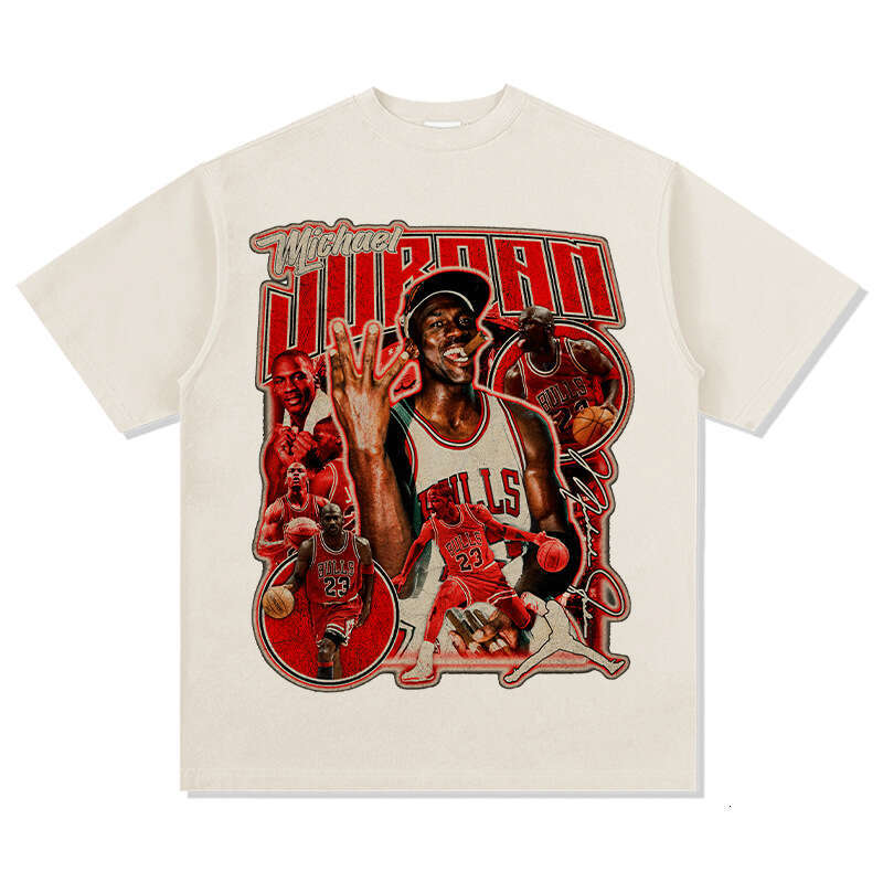 MJ Flying Man Printed Wide Short Sleeve T-shirt Washed American Pure Cotton Round Neck Hoodie