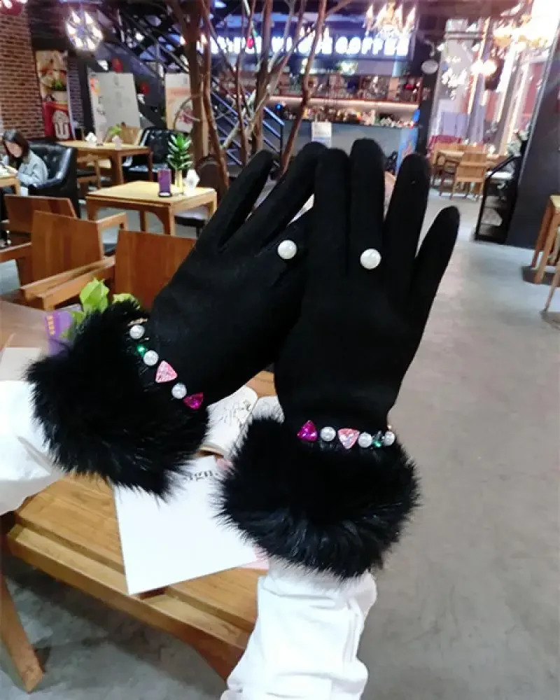 Colorful Rhinestone Flash Diamond Woolen Cashmere Gloves Korean Fashion Five-Finger Warm Touch Screen Gloves Women 241226