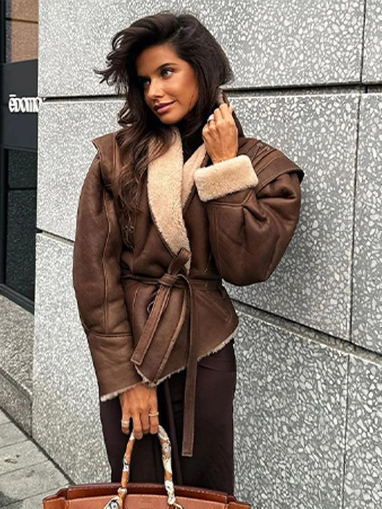 Vintage Irregular Leather Jacket Woman V-neck Long Sleeve Lace Up Belt Plush Coats Autumn Winter Lady Warm Thicken Outwears 241217