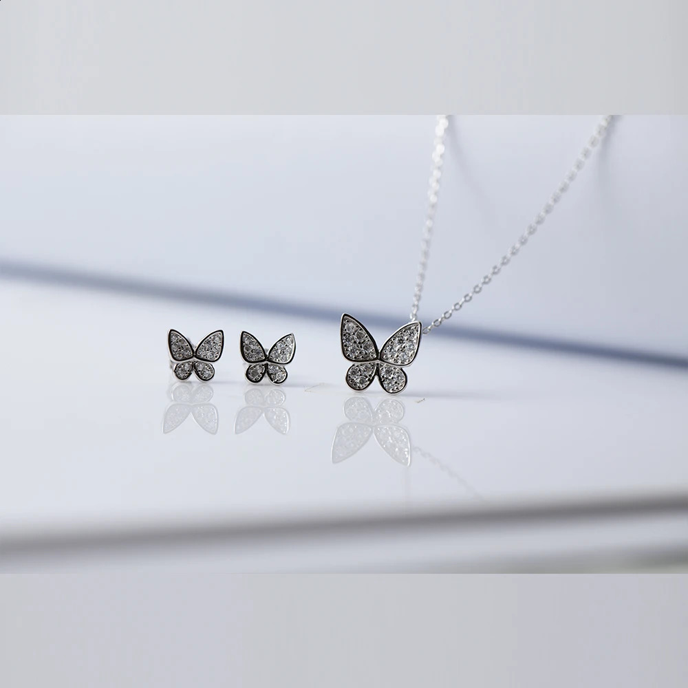 CCFJOYAS 925 Sterling Silver Super Fairy Pave Zircon Butterfly Earrings/Necklace Set for Women Simple Party Wedding Jewelry Set 241226