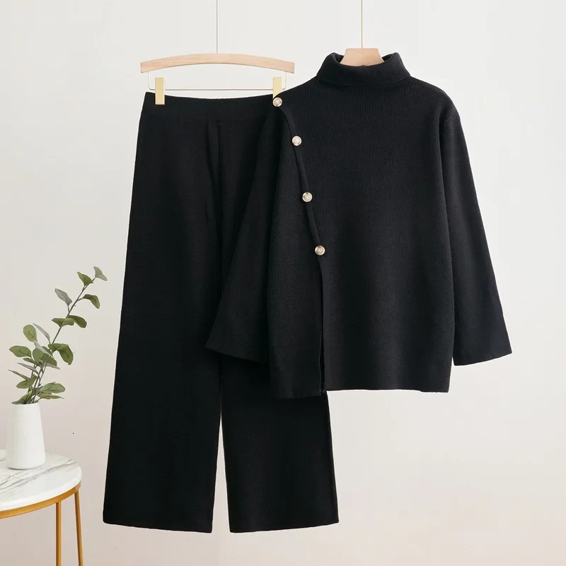 Warm Soft Knited 2 Piece Sets Fall Winter Button n Sweater Tops Conjunto Casual High Waist Baggy Wide Leg Pants Ensemble 241220