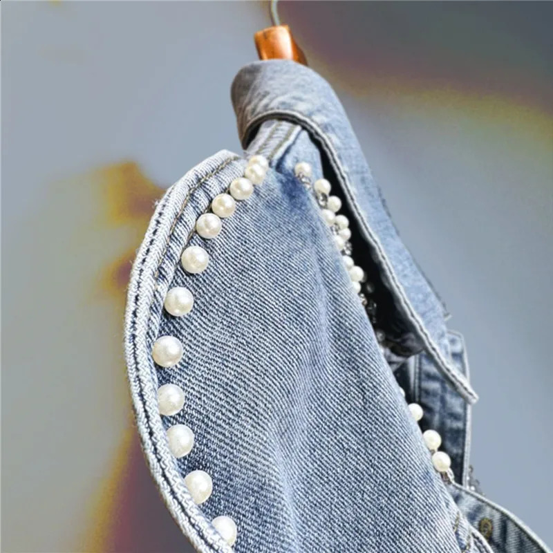 Pearl Bead Diamonds Light Blue Short Denim Jacket Irregular Single-breasted Puff Sleeve Jeans Jacket Spring Women Streetwear 241223
