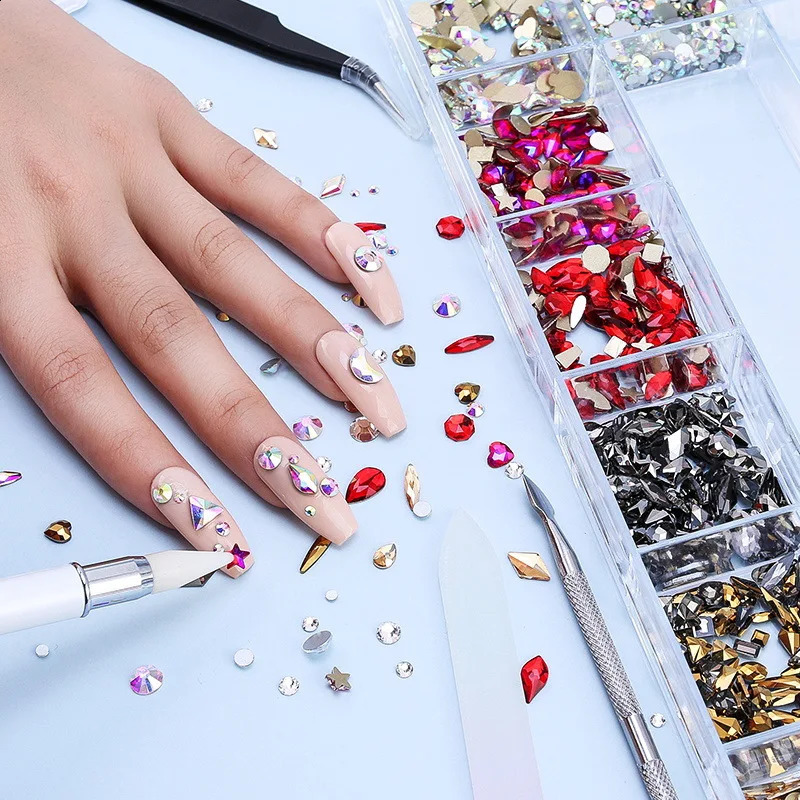 Shiny Diamond Nail Art Rhinestones Kit Glass Crystal Decorations Set 1pcs Pick Up Pen In Grids Box 21 Shapes of 2800pcs 241226