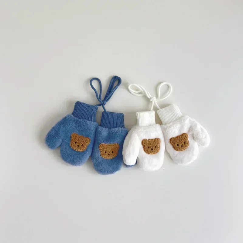 Warm Furry Young Kids Mittens for Boy Girl Cute Cartoon Bear Plush Glove Toddler Autumn Winter Outdoor Neck Lanyard 241225