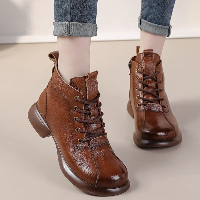 Handmade real leather boots womens autumn waterproof shoes ladies lace up oxfords woman wide toe ankle boots mom plush booties 241226