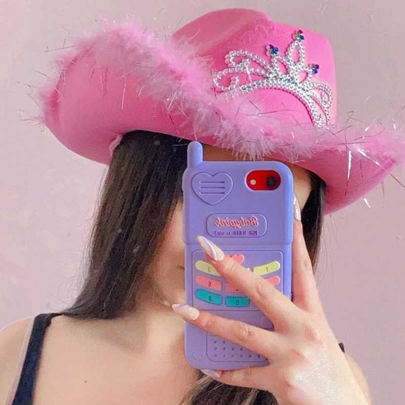 Western style denim hat pink womens Birtay party Cs decorated with feather sequins crown headpiece night club denim hat W241225