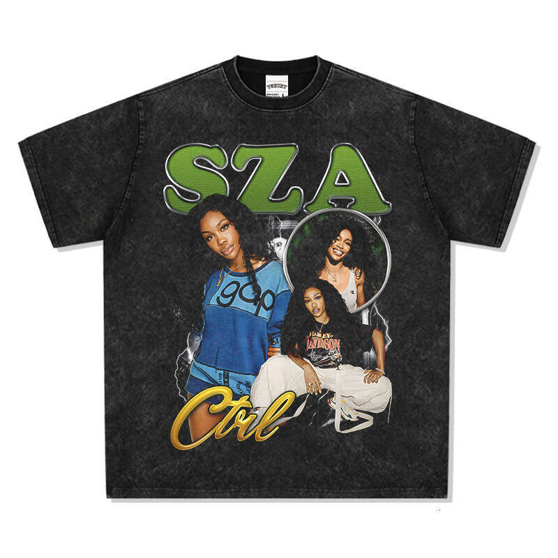 American style new Shisha SZA printed short sleeved T-shirt, washed and worn pure cotton round neck hooded sweatshirt