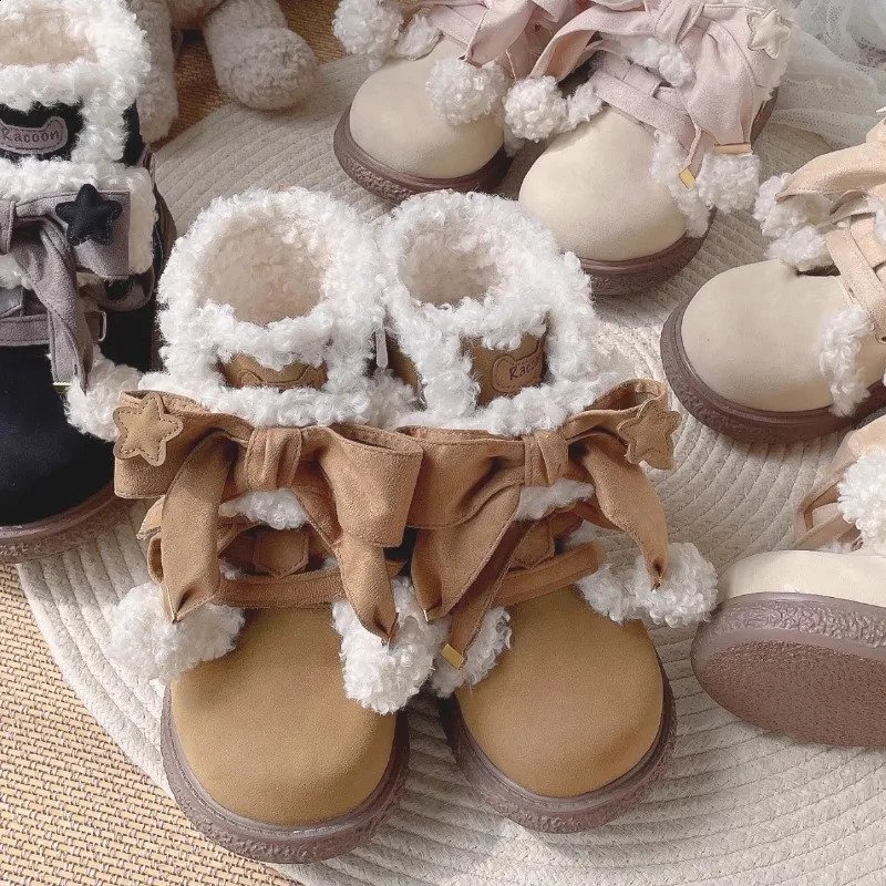 Trendy Mid-term Plush Boots 2024 Winter Plush Cute Flat Bottomed Round Bow Casual Womens Snow Boots Zapatos Mujer Sneakers241226
