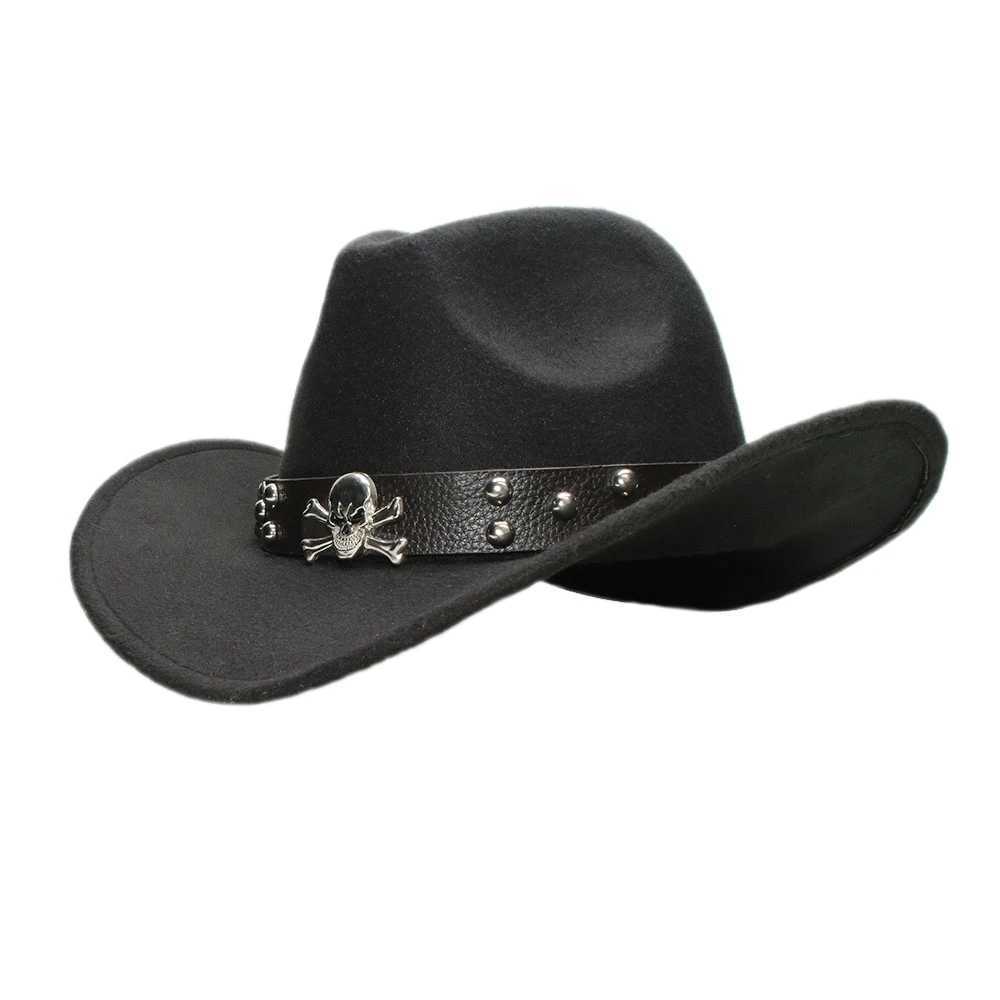 Retro Womens Wool Wide Brim Cowboy Western Cowboy Female Bowling Hat Fedora C Skull Leather Band (54/57/61CM) W241225