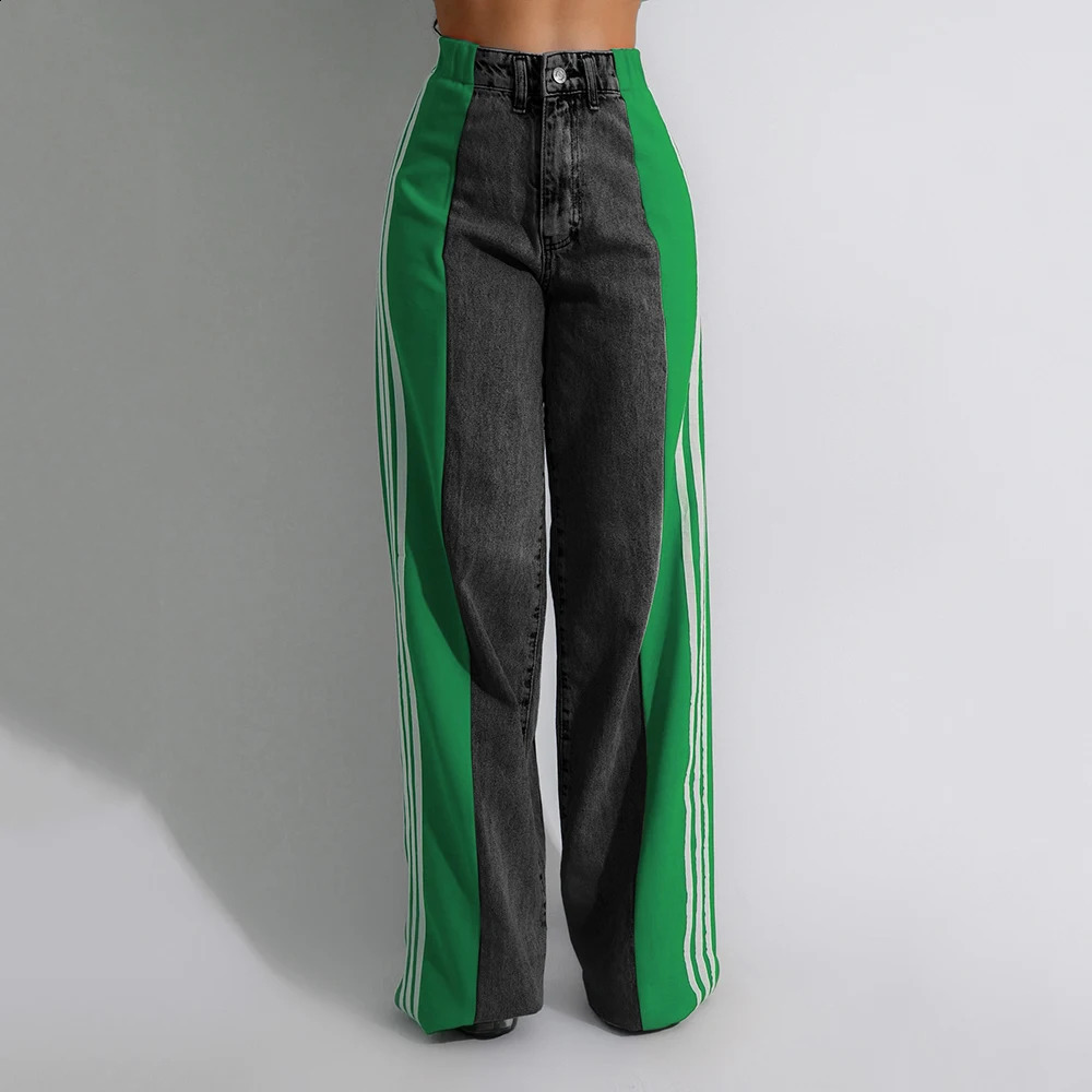 Summer Long Trouses For Women Casual Washed Denim Vintage Jeans Fashion High Waist Elastic Three Stripe Patchwork Straigh Pants 241220
