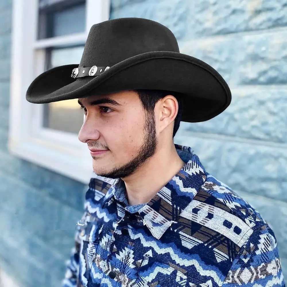 Retro Brim Western Cowboy Hat Wide Brim Ethnic Style Fedora with Artificial Silver Accent Fedoras Hat Suitable for Women and Men W241225