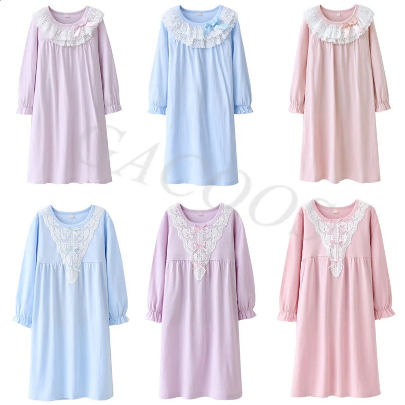 Childrens Pajamas for Girls Cotton Nightdress Teenager Long Sleeve Nightgowns Kids Lace Princess Dress Baby Pijamas Home Wear 241226