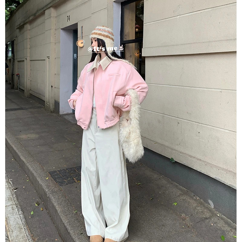 Couple American Streetwear Polo Collar Suede Baseball Jacket Women Coat Autumn Loose Casual Motorcycle Tops 241218