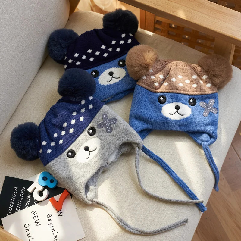 Winter Baby Boy Hat with Earflap Fur Ball Knitted Kids Beanie Caps Toddler Bonnet Hats Infant Accessories Fleece Lining 14Y 241225
